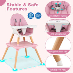 6 in 1 High Chair for Babies and Toddlers Ages 6-36 Months-Pink