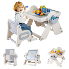 6-in-1 Multi-activity Children Table and Chair Set Folding Art Easel Set-Gray and White