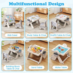 6-in-1 Multi-activity Children Table and Chair Set Folding Art Easel Set-Gray and White