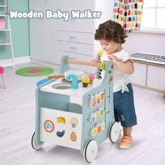 6-in-1 Wooden Baby Stroller with Play Kitchen for Kids Over 12 Months-Blue