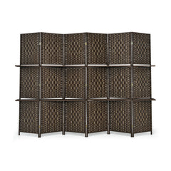 6 Panel Folding Weave Fiber Room Divider with 2 Display Shelves -Brown