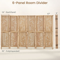 6-Panel Wooden Room Divider with Palm Leaf Design & Paulownia Frame for Home