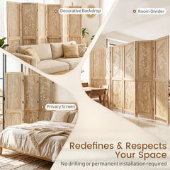 6-Panel Wooden Room Divider with Palm Leaf Design & Paulownia Frame for Home