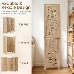 6-Panel Wooden Room Divider with Palm Leaf Design & Paulownia Frame for Home