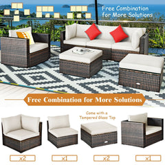 6 Piece Wicker Patio Sectional Set, Corner Sofas, Armless Seat, Single Sofa and 2 Ottomans, Cream Cushions