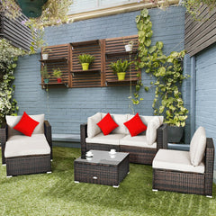 6 Piece Wicker Patio Sectional Set, Corner Sofas, Armless Seat, Single Sofa and 2 Ottomans, Cream Cushions
