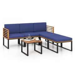 6 Piece Acacia and Metal Patio Sectional Set with 2 Ottomans and Coffee Table, Navy