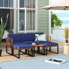 6 Piece Acacia and Metal Patio Sectional Set with 2 Ottomans and Coffee Table, Navy