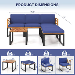 6 Piece Acacia and Metal Patio Sectional Set with 2 Ottomans and Coffee Table, Navy