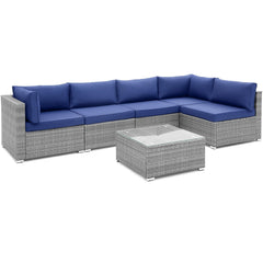 6 Piece Gray Wicker Patio Sectional Conversation Set with Glass Top Coffee Table, Navy