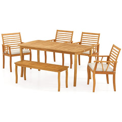 6 Piece Acacia Patio Dining Set, 63 Inch Table, Four Armchairs and a Bench That Moves Indoors