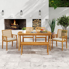 6 Piece Acacia Patio Dining Set, 63 Inch Table, Four Armchairs and a Bench That Moves Indoors