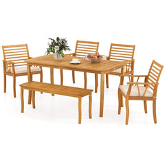 6 Piece Acacia Patio Dining Set, 63 Inch Table, Four Armchairs and a Bench That Moves Indoors