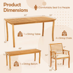 6 Piece Acacia Patio Dining Set, 63 Inch Table, Four Armchairs and a Bench That Moves Indoors