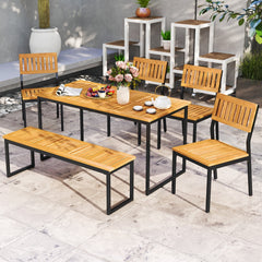 6 Piece Acacia Patio Dining Set for 6, 55 Inch Table with 2 Inch Umbrella Hole, 4 Chairs and a 51 Inch Bench
