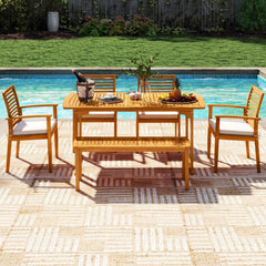 6 Piece Acacia Patio Dining Set, 63 Inch Table with Covered 1.97 Inch Umbrella Hole, 4 Armchairs and a Bench