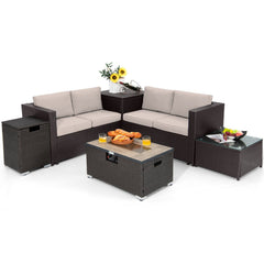 6 Piece Wicker Patio Conversation Set with 32 in Propane Fire Pit Table, Beige Cushions