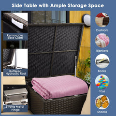 6 Piece Wicker Patio Conversation Set with 32 in Propane Fire Pit Table, Navy Cushions