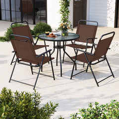 6 Piece Patio Dining Set, 31.5 Inch Glass Table, 4 Folding Chairs and a Coffee Umbrella That Tilts 45 Degrees