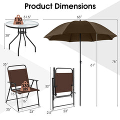 6 Piece Patio Dining Set, 31.5 Inch Glass Table, 4 Folding Chairs and a Coffee Umbrella That Tilts 45 Degrees