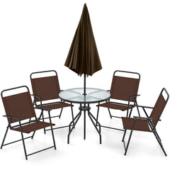 6 Piece Patio Dining Set, 31.5 Inch Glass Table, 4 Folding Chairs and a Coffee Umbrella That Tilts 45 Degrees