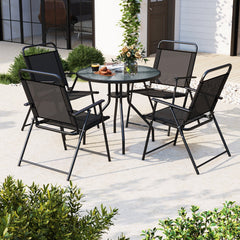 6 Piece Patio Dining Set, 31.5 Inch Glass Table with Extra Pole Fixing Hole, 4 Folding Chairs and a Grey Umbrella