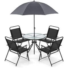 6 Piece Patio Dining Set, 31.5 Inch Glass Table with Extra Pole Fixing Hole, 4 Folding Chairs and a Grey Umbrella