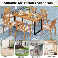 6 Piece Acacia Patio Dining Set, 63 Inch Slatted Table with 1.97 Inch Umbrella Hole, 4 Armchairs and a Backless Bench