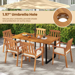 6 Piece Acacia Patio Dining Set, 63 Inch Slatted Table with 1.97 Inch Umbrella Hole, 4 Armchairs and a Backless Bench