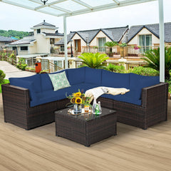 6 Piece Patio Rattan Sofa Set, Five 27.5 Inch Seating Units and Glass Topped Coffee Table, Navy Cushions