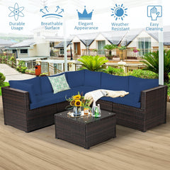 6 Piece Patio Rattan Sofa Set, Five 27.5 Inch Seating Units and Glass Topped Coffee Table, Navy Cushions