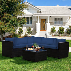 6 Piece Patio Rattan Sofa Set, Five 27.5 Inch Seating Units and Glass Topped Coffee Table, Navy Cushions