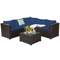 6 Piece Patio Rattan Sofa Set, Five 27.5 Inch Seating Units and Glass Topped Coffee Table, Navy Cushions