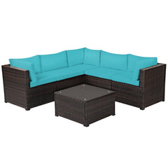 6 Piece Rattan Patio Sofa Set, Five Matching Seating Units and 27.5 Inch Glass Table, Turquoise Cushions
