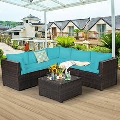 6 Piece Rattan Patio Sofa Set, Five Matching Seating Units and 27.5 Inch Glass Table, Turquoise Cushions
