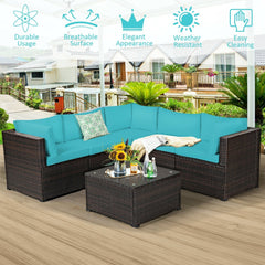 6 Piece Rattan Patio Sofa Set, Five Matching Seating Units and 27.5 Inch Glass Table, Turquoise Cushions