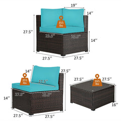 6 Piece Rattan Patio Sofa Set, Five Matching Seating Units and 27.5 Inch Glass Table, Turquoise Cushions