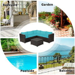 6 Piece Rattan Patio Sofa Set, Five Matching Seating Units and 27.5 Inch Glass Table, Turquoise Cushions
