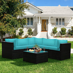 6 Piece Rattan Patio Sofa Set, Five Matching Seating Units and 27.5 Inch Glass Table, Turquoise Cushions