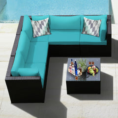 6 Piece Rattan Patio Sofa Set, Five Matching Seating Units and 27.5 Inch Glass Table, Turquoise Cushions