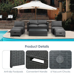 6 Piece Space Saving Patio Rattan Set, No Assembly, 60 Inch Loveseat, 2 Armless Seats, 2 Ottomans and Glass Table, Grey
