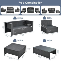 6 Piece Space Saving Patio Rattan Set, No Assembly, 60 Inch Loveseat, 2 Armless Seats, 2 Ottomans and Glass Table, Grey