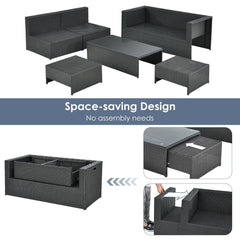 6 Piece Space Saving Patio Rattan Set, No Assembly, 60 Inch Loveseat, 2 Armless Seats, 2 Ottomans and Glass Table, Grey