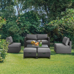 6 Piece Space Saving Patio Rattan Set, No Assembly, 60 Inch Loveseat, 2 Armless Seats, 2 Ottomans and Glass Table, Grey