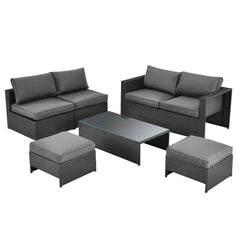 6 Piece Space Saving Patio Rattan Set, No Assembly, 60 Inch Loveseat, 2 Armless Seats, 2 Ottomans and Glass Table, Grey