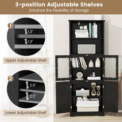 6-Tier Freestanding Bathroom Cabinet with 2 Open Compartments and Adjustable Shelves-Black