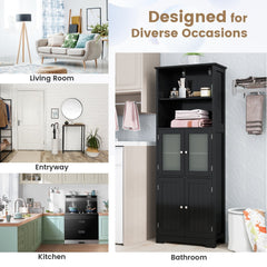 6-Tier Freestanding Bathroom Cabinet with 2 Open Compartments and Adjustable Shelves-Black
