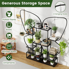 6-Tier Metal Plant Stand Ladder Display Rack with Hanging Hooks-Black