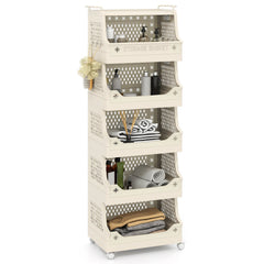 6-Tier Rolling Laundry Basket with Wheels Plastic Storage Cart with Side Hooks