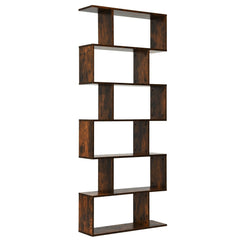 6 Tier S Shaped Bookshelf and Room Divider, Coffee Brown